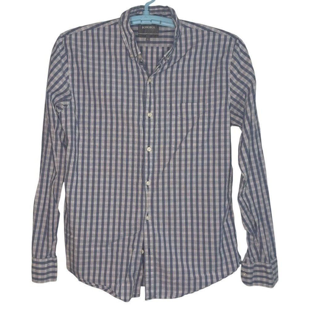 Bonobos Slim Fit Button Down Shirt Blue Plaid Long Sleeve Mens Casual Dressy LG